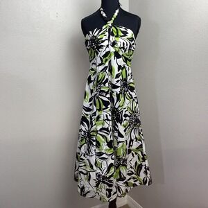 NWT Dress Barn Halter Dress Women's 10 Green/Black‎ Floral Beaded Neck Lined